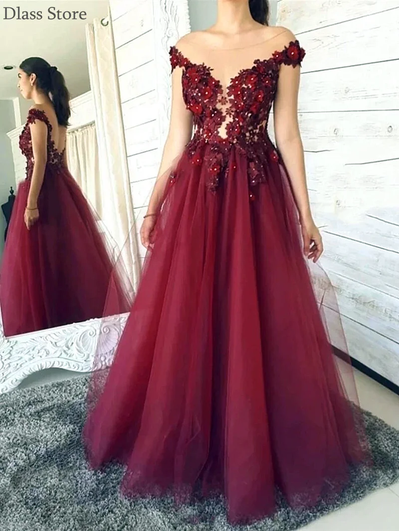 

Fuchsia Prom Dress A-line Tulle Applique Sequins O-neck Backless Illusion Cap Sleeves Evening Dress robe de soirÃ©e de mariage