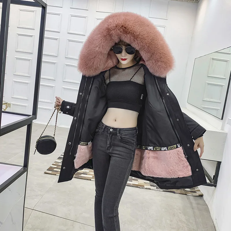 Shorter pink 2 Зимнее женское длинное пальто из натурального меха с воротником из натурального Лисьего меха, свободная парка, пальто, съемная подкладка из натурального кроличьего меха - Цвет: Shorter pink 2