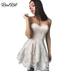 Реальный Rill Милая Мини-платья для возвращения на родину без ремешков, на шнуровке сзади Короткие вечерние платья с аппликация из белого