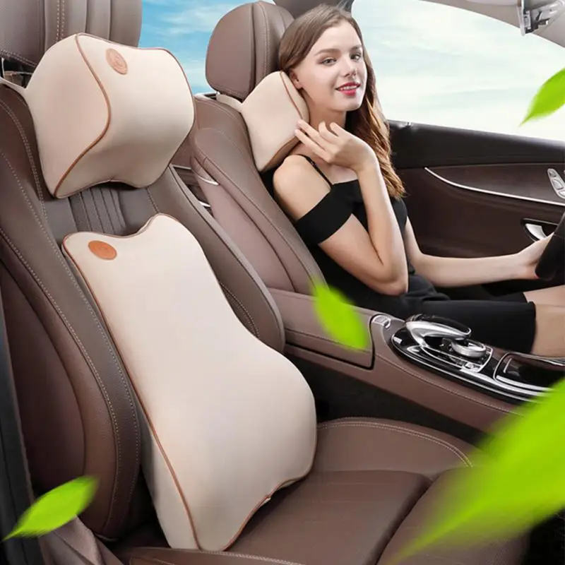 

2pcs/set Memory Cotton Foam Car Headrest+ Lumbar Cushion Back Cusion Car Driving Zipper Solid Pillowcase detachable