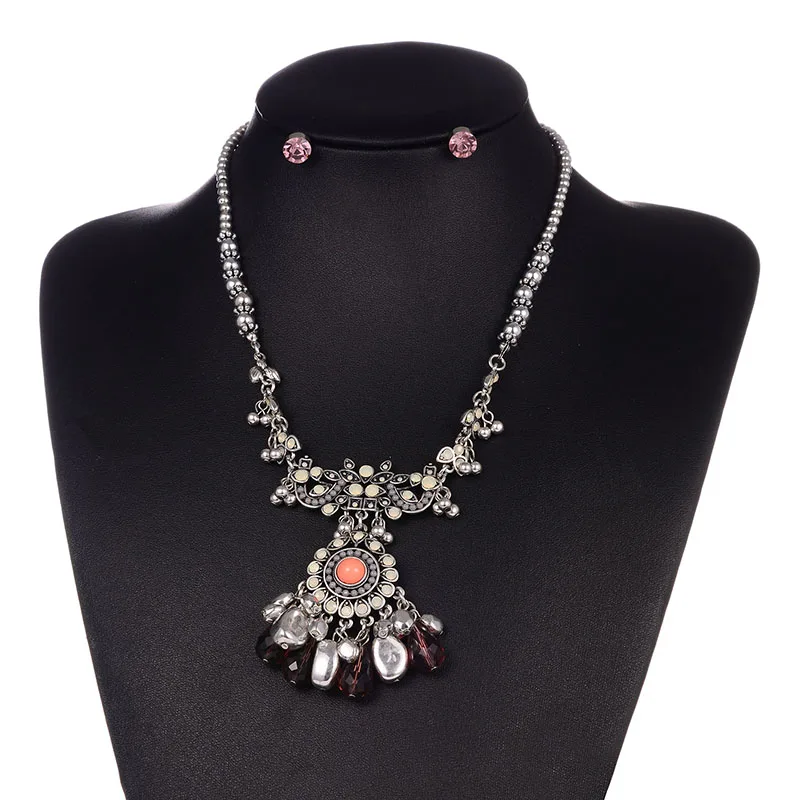 Shineland Bohemian Fashion Ethnic Collares Vintage Beads Crystal Tassel Pendant Necklace Earrings For Women Jewelry Set Cheap - Metal color: silver white color
