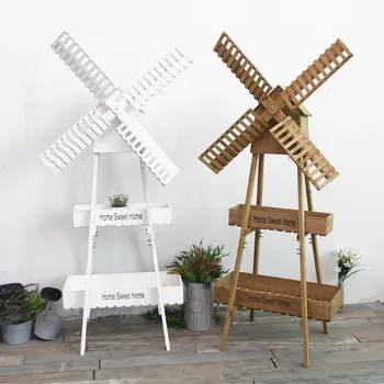 

Vintage Plants Stand Outdoor Nordic Plant Pot 2-layer Windmill Flower Pot Shelf Plant Stand Wood Cafe Decor Garden Indoor Stand