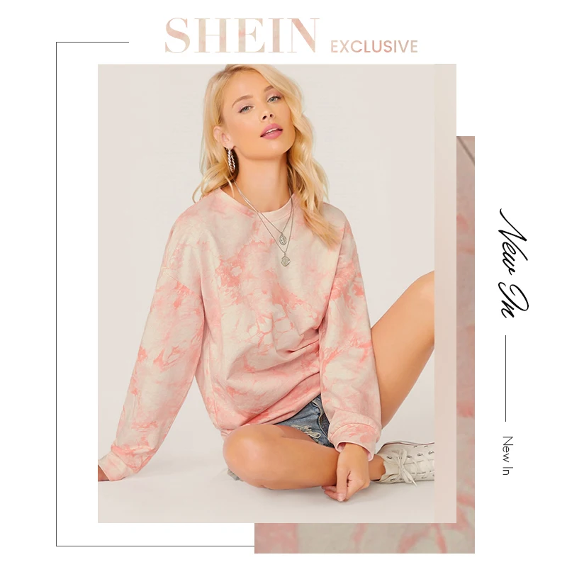 SHEIN Пастельная розовая толстовка с открытыми плечами и галстуком-красителем топы, пуловер для женщин, осенние базовые Женские повседневные толстовки с длинными рукавами