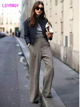 

Women's 2019 European and American style autumn and winter new Tibetan blue high waist wide leg thick trousers