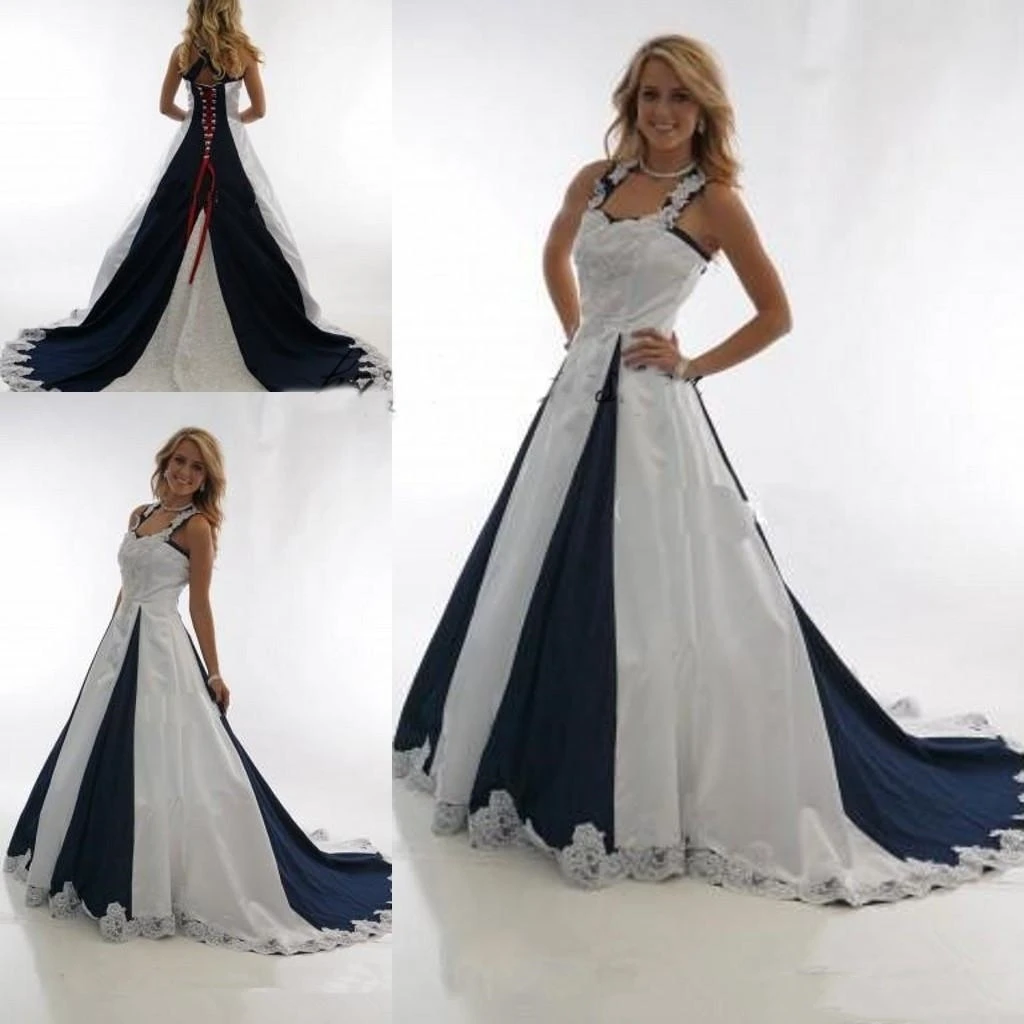 Vintage Navy Blue and White Country Cheap Wedding Dresses 2021 Halter Lace-Up Stain Western Cowgirls