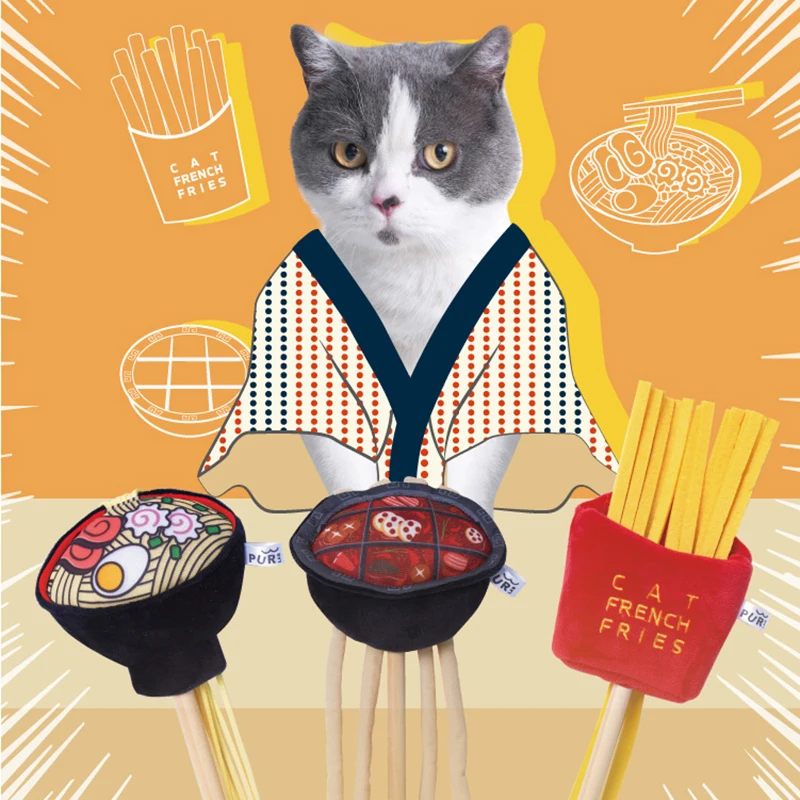 JapaneseStyleRamenCatStickToyWoodFeatherWandCatnipFrenchFriesInteractivePetChew