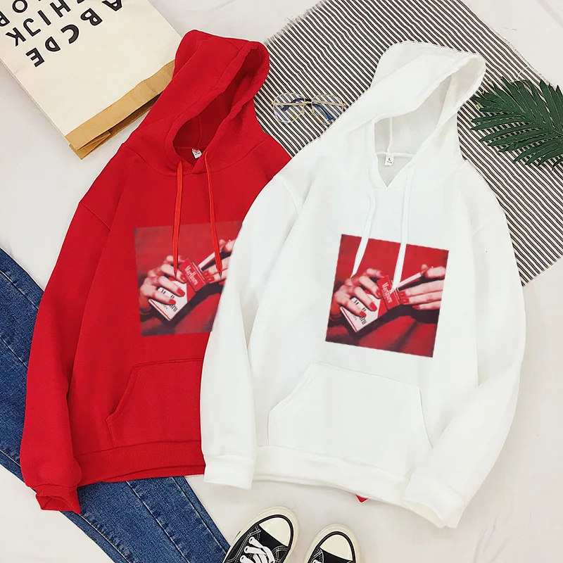 

New Winter Hooded Sweatshirt Woman Harajuku Fashion Smokes Singlet Women's Pullover Kawaii White Oversized Hoodie Tops Female