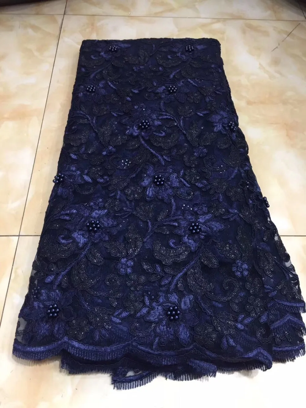 Темно-синяя 3D кружевная ткань с бусинами Высокое качество сетка вышивка блестками 3D цветок тюль нигерийские кружева ткани для свадебного платья