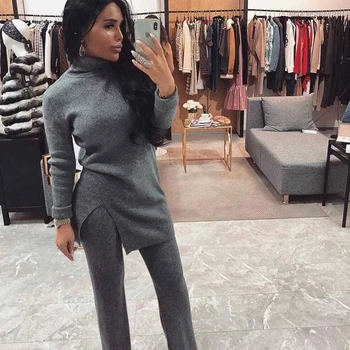 

MVGIRLRU Autumn Winter Women High-neck Knitted Pullover Sweater And Pants Two Piece Suit
