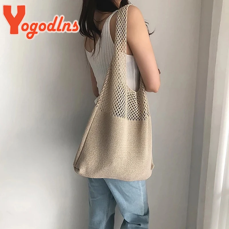 Yogodlns Wool Hollow Woven Shoulder Bag Womens Large Capacity Handbags Winter Shopping Tote Travel Beach Bag Ladies Handle Bag
