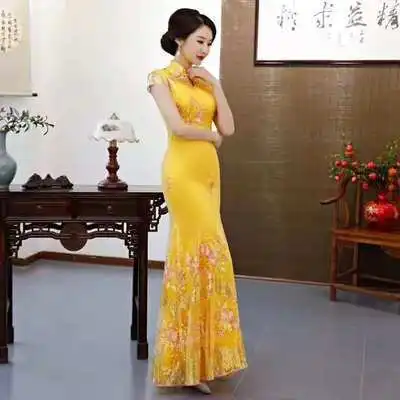 Вышивка цветок для женщин тонкий Cheongsam китайский стиль вечернее платье Русалка Элегантное платье с блестками для сцены шоу Ципао Vestido 4XL