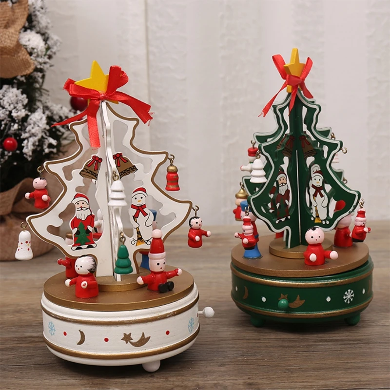 Wooden Music Box Holiday Gift Christmas Decor Xmas Tree Shape Rotate