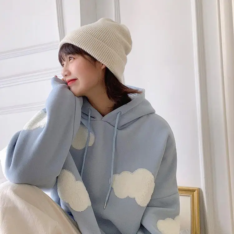 Korean Sweatshirt Women Winter 2021 Fashion Clouds Pullover Women Plus Velvet Warm Long Sleeve Tops Casual Hoodies Kawaii Female