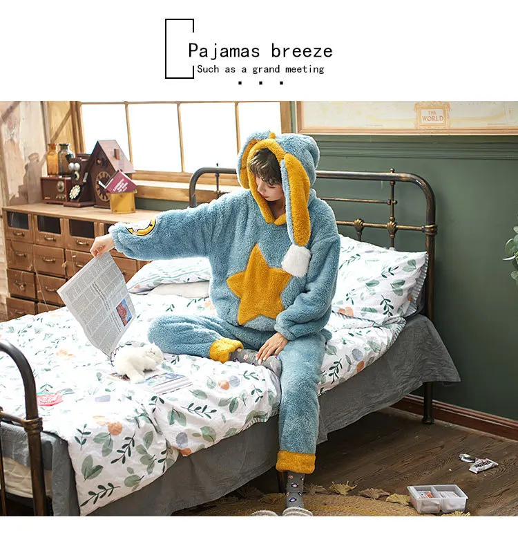 MS Flannel pajamas couple winter warm pajamas couple casual cartoon coral velvet thick pajamas female men pajamas home service