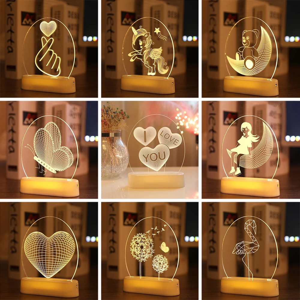 Warm White 3D Night Lights Bedroom Decoration Illusion Night Lights Bear Table Lamp Kids Gifts Holiday Butterfly Acrylic Lights newest japanese 3d lamps anime figure nightlight kids child girls bedroom decor lights manga gifts night light lamp ayg02 nn 923