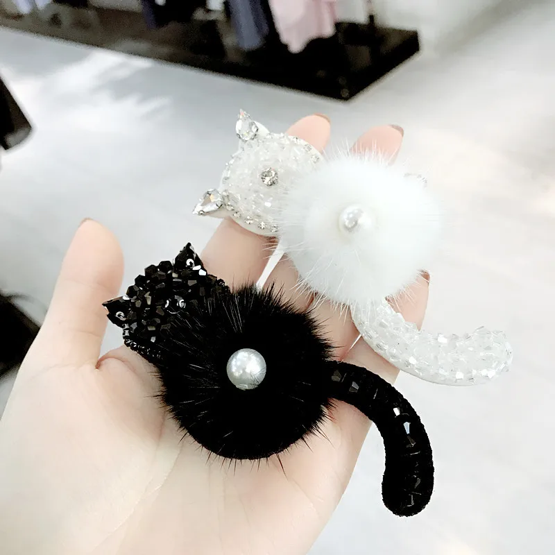 Модный нагрудный знак брошь из меха норки котенок корсаж кристалл корейский животное Черный Белый Кот булавки Кнопка жемчуг воротник аксессуары