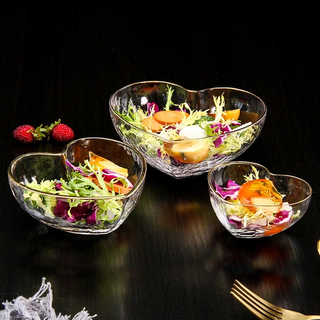 Golden Edge Glass Salad Bowl - Transparent Tableware For