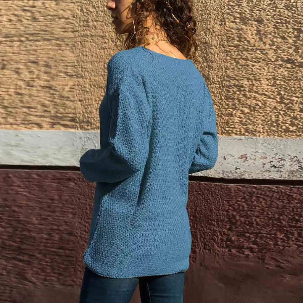 Jaycosin Fashion Casual Lady Long Sleeve V-neck Sweater Stylish Comfortable Soft Solid Color Knitting Slim Blouse Sweater Tops
