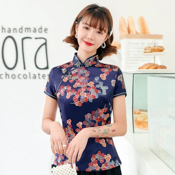

Elegant Mandarin Collar Blue Print Flower Shirt Large Size 3XL-5XL Women Blouse Short Sleeve Chinese Traditional Cotton Tops