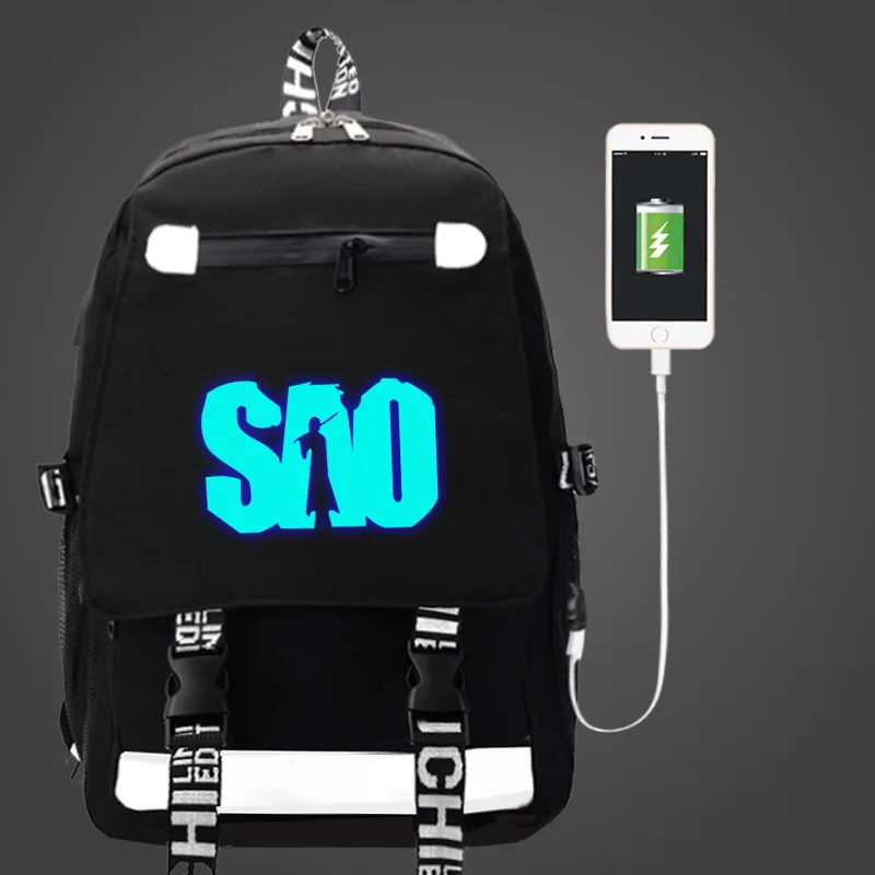 SAO Sword Art Online Backpack USB Bag travel School Luminous Book Bag USB Fashion teenagers Laptop Zipper bag Glow in the dark