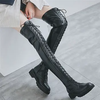 preço Coxa Botas Militares Pretas, Mulheres Com Cadarço Sobre O Joelho, Botas Militares Longas, Eixo Punk Goth Oxfords