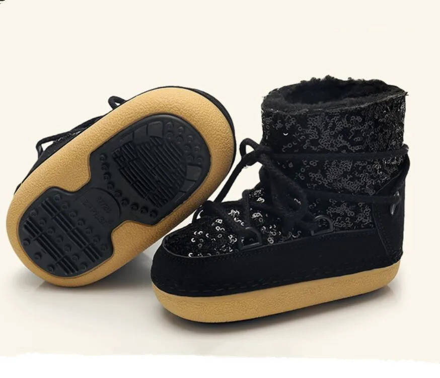 De niños de cuero genuino botas de nieve de invierno de 2019 niñas de lentejuelas zapatos de algodón chico Barco de bebé de terciopelo de algodón cálido botas - 5