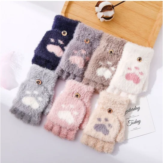 

Cat claw Gloves Winter Warm Plush thickened student half finger flip gloves Warm Plush Fingerless Gloves Ladies lovely gloves