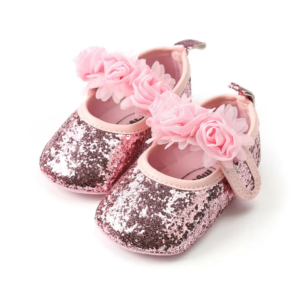 Обувь для новорожденных девочек; обувь с блестками и объемным цветком; мягкая подошва; нескользящие кроссовки на плоской подошве; обувь принцессы для свадебной вечеринки - Цвет: As photo shows