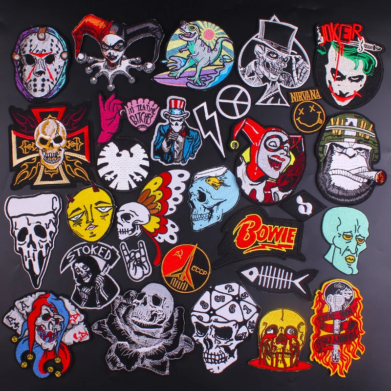 

DIY Embroidery Patch Punk Skull Joker Iron On Patches On Clothes Rock Band Embroidered Patches For Clothing Stripes Orangutan