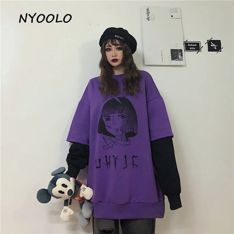 NYOOLO осень зима аниме мультфильм печати толстовки поддельные из двух частей лоскутное плюс бархат Теплый пуловер толстовка с капюшоном женские топы