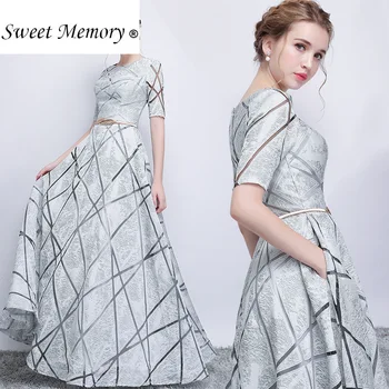 

Sweeet Memory Elegant Mother Of The Bride Dresses Floor Length Half Sleeve White Grey Evening Dresses with Sashes Sw19130