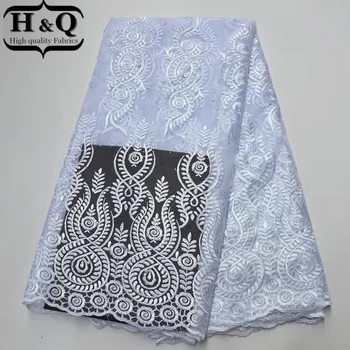 

White Lace Fabric African Tulle 5 Yards High Quality Nigeria Lace Fabric With Beads And Stones For Nigerian Party B9778511860