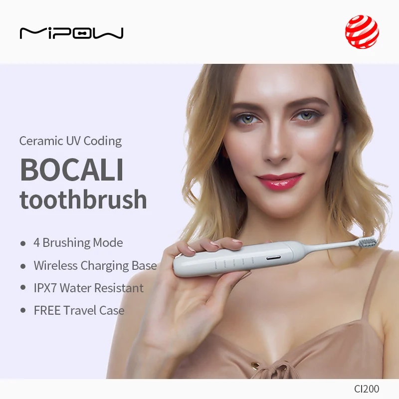 

MIPOW BOCALI Cleaning Whitening Ultrasonic Electric Toothbrush For Adults Kids Ceramic handle with bracket IPX7 Waterproof Gift