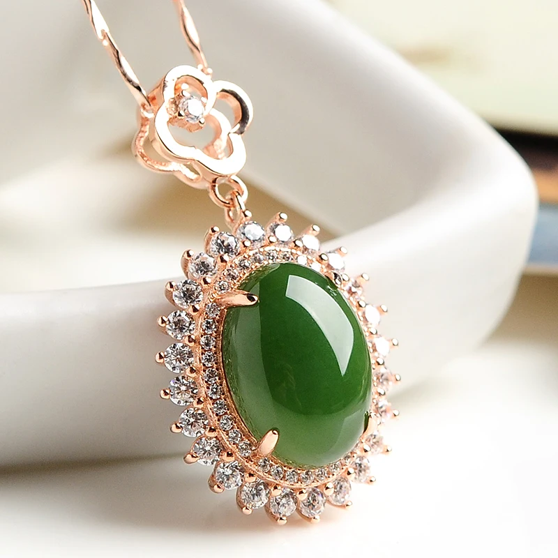 Authentic Wada jasper pendant women's high-grade 925 silver rose gold belt rhinestone inlaid natural jade Pendant