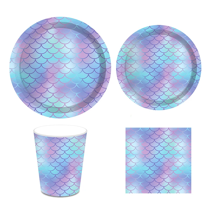 

44pcs/set Mermaid Theme Purple Paper Plates Napkin Cups Girl Birthday Party Decor Wedding Christening Tableware Supplies