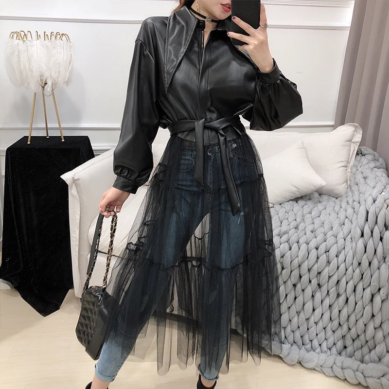 

2020 Spring New Black Jackets Women Fashion Solid Color Long Mesh Gauze Stitching PU Leather Coat with Belt Female Jacket