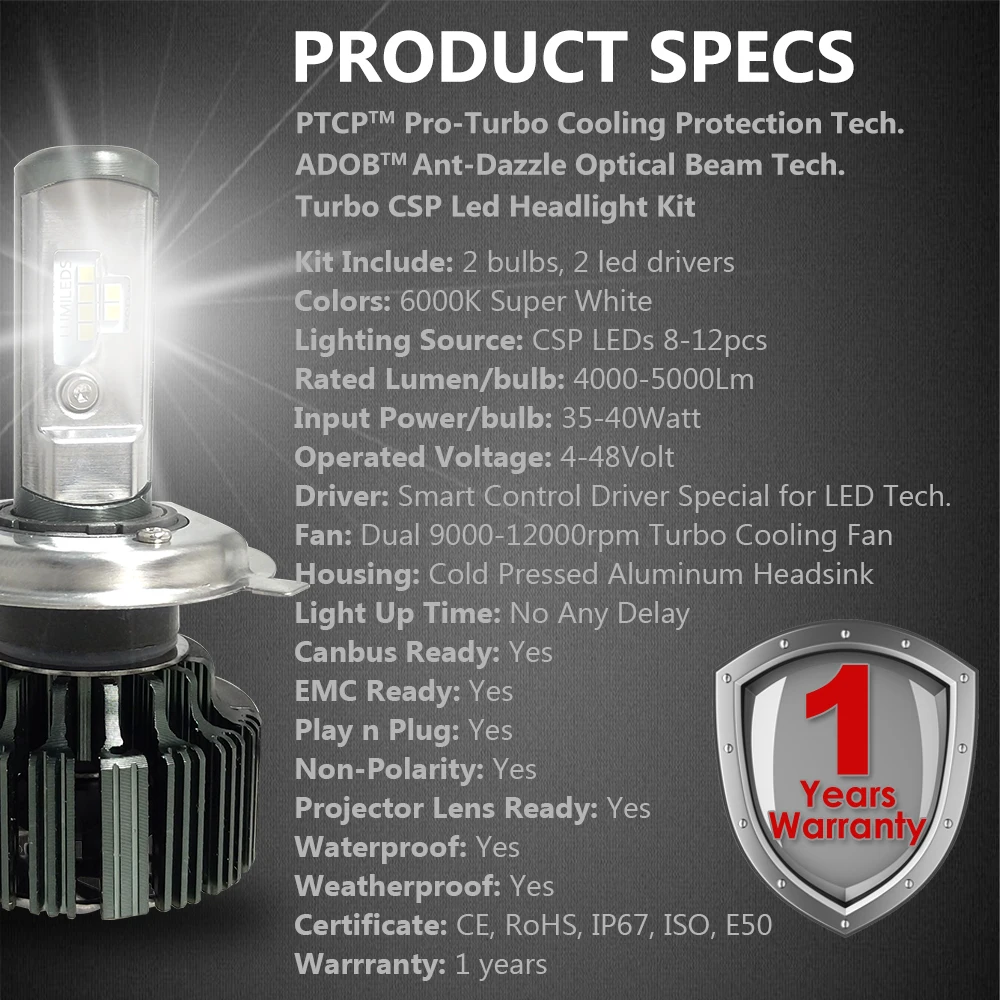 CNSUNNYLIGHT H7 H4 H11 Светодиодный H13 9005/HB3 9006/HB4 H1 комплект автомобильных фар 6000K лампы CSP