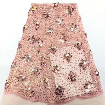 

7 colors (5yards/pc) 2020 newest embroidered sequins French net African tulle lace fabric in peach high quality for dress FZZ729