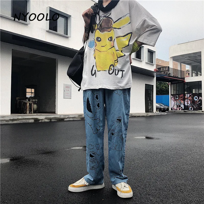 NYOOLO Harajuku дизайн мультфильм лягушка печати Высокая талия джинсы осень уличная полная длина прямые женские джинсовые брюки мужские брюки