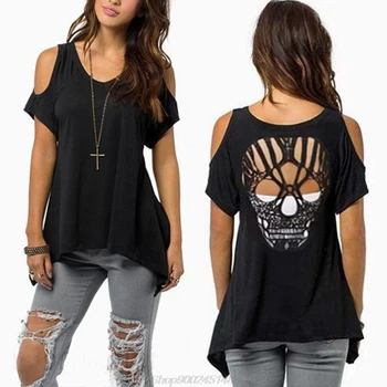 

Women Cold Shoulder Short Sleeve T-Shirt Cut Hollow Skull Backless Casual S-5XL Jy15 20 Dropship