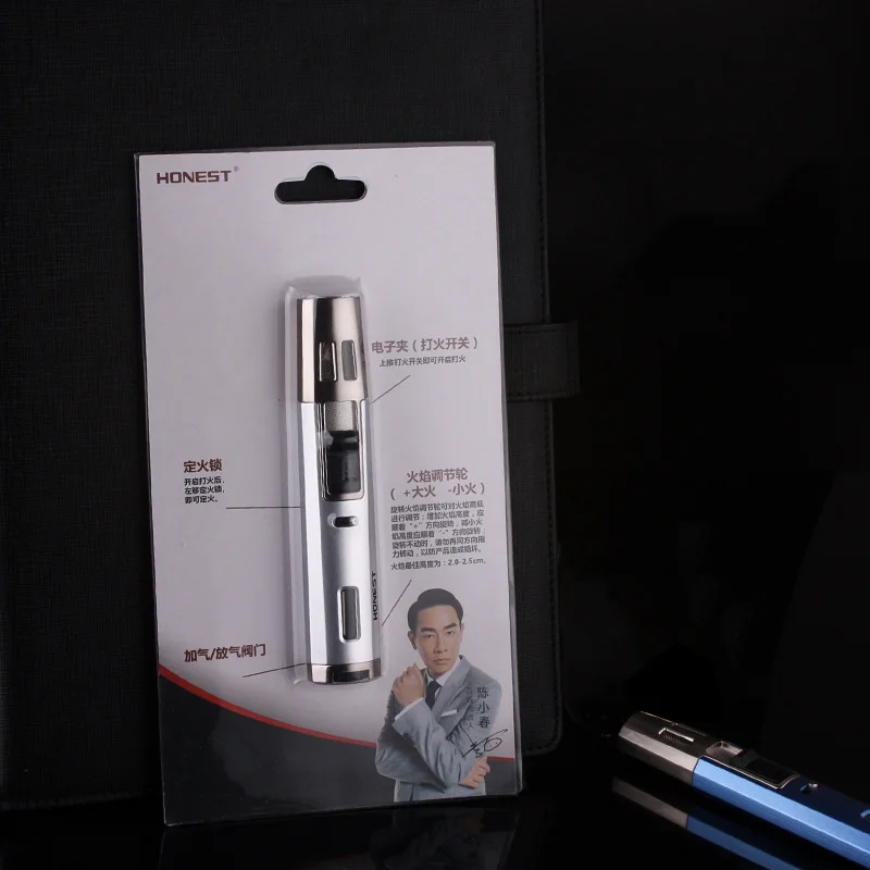 HONEST Pen фонарь-Зажигалка Ветрозащитная двойная синяя струйная Бутановая Зажигалка с газовым дисплеем, оконный замок для барбекю, сигарная свеча