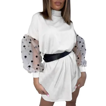 

Women Fashion Solid Color Ladies Slim Dresses Sexy Turtleneck Mesh Dresses Ladies Puff Sleeve