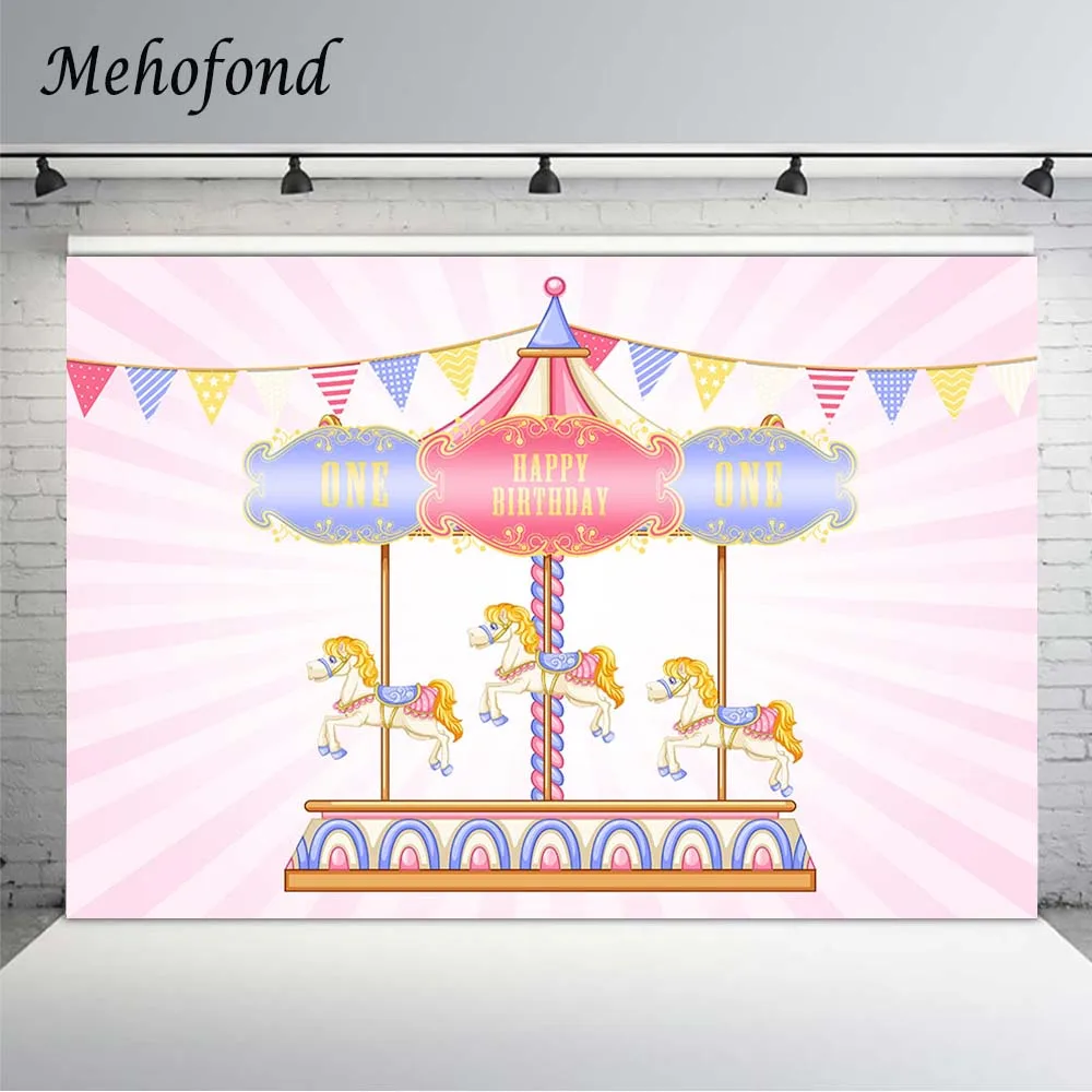 

Mehofond 1st Birthday Backdrop Carousel Stripe Baby Shower Party Portrait Decor Photography Backgrounds Photo Studio Photocall