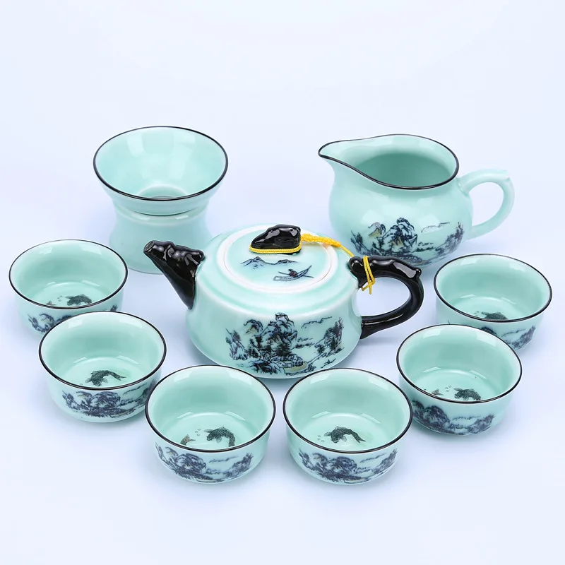 As shown Стильный чайник с ручной росписью Celadon набор термостойкий чайный набор кунг-фу чайник офисная Бытовая Питьевая утварь WSHYUFEI - Цвет: As shown