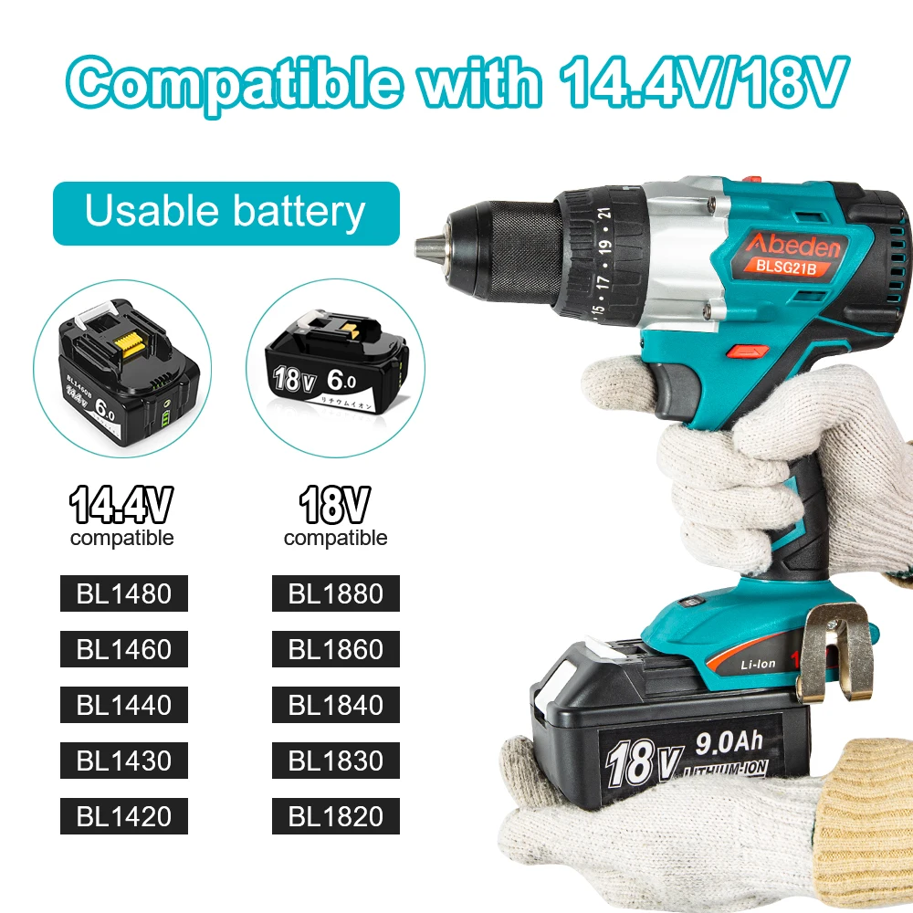US $112.26 Abeden Electric Screwdriver Hand Drill Cordless Power Tools For Makita 18V Battery Compatible Woodworking Drilling Machine