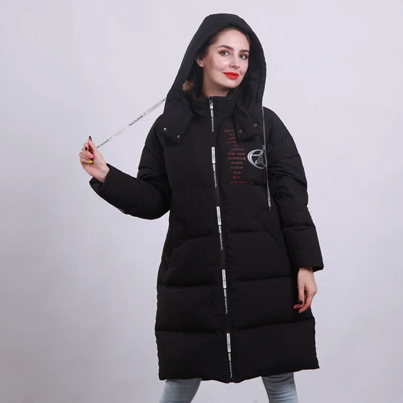 women newest long hooded duck down coats female fashion over knee Korean style warm slim casual clothes popular winter jackets