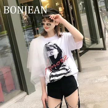 

BONJEAN Beading Shirt for Women 2019 Summer Tops Mesh Patchwork Sleeve Black T Shirt Character Pattern Loose Shirts BJ1124