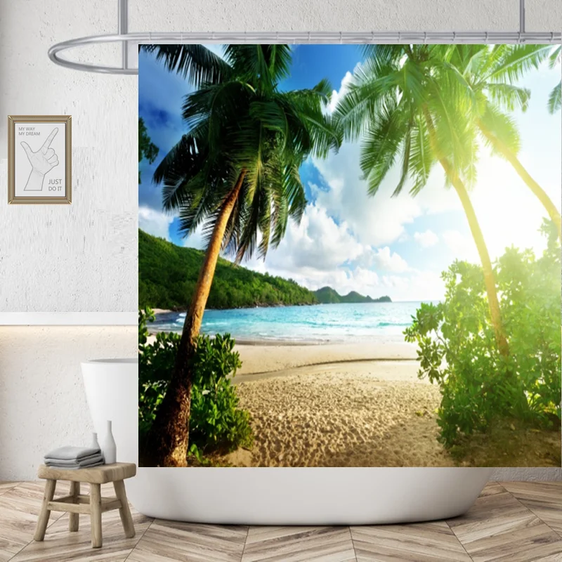 Beach High Quality Polyester Fabric Waterproof Shower Curtain 3D Washable Home Decor Nordic Style Building Bathroom Curtains