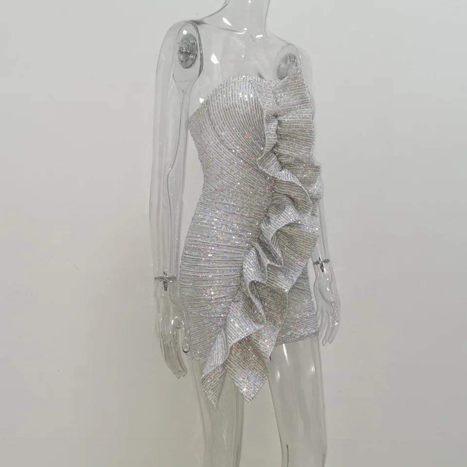 Летние платья с открытыми плечами и рюшами, Vestido, женское блестящее мини-платье с блестками без рукавов, сексуальные женские тонкие вечерние платья