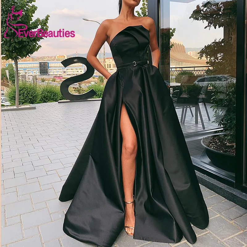 

Vestidos De Gala Satin Prom Dresses 2019 with Pockets Side Slit Prom Gown Vestido Formatura Dress For Prom Robe De Soiree